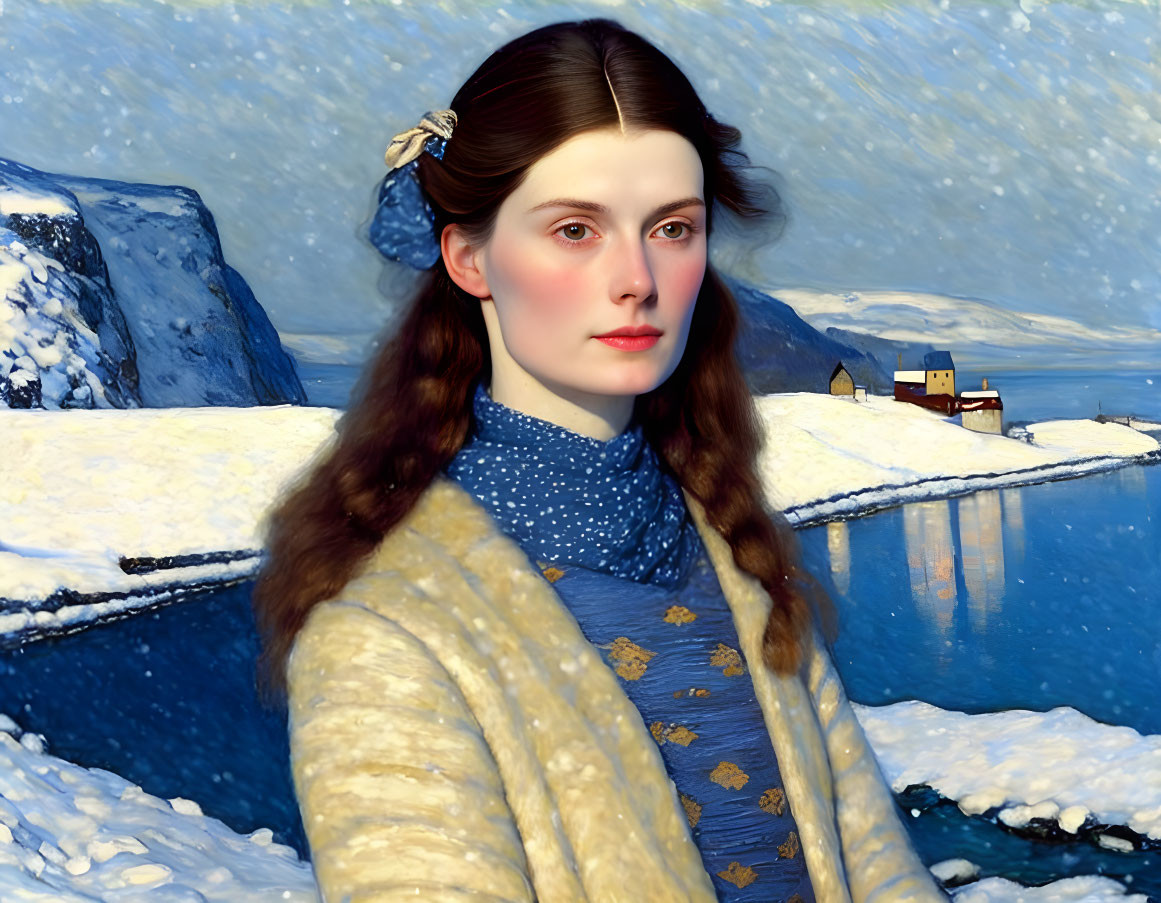 Portrait of young woman with brown hair and blue bow in snowy landscape