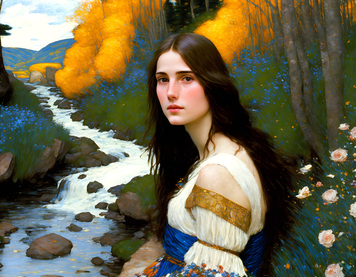 Young Woman with Long Dark Hair by Forest Stream Amid Yellow Foliage