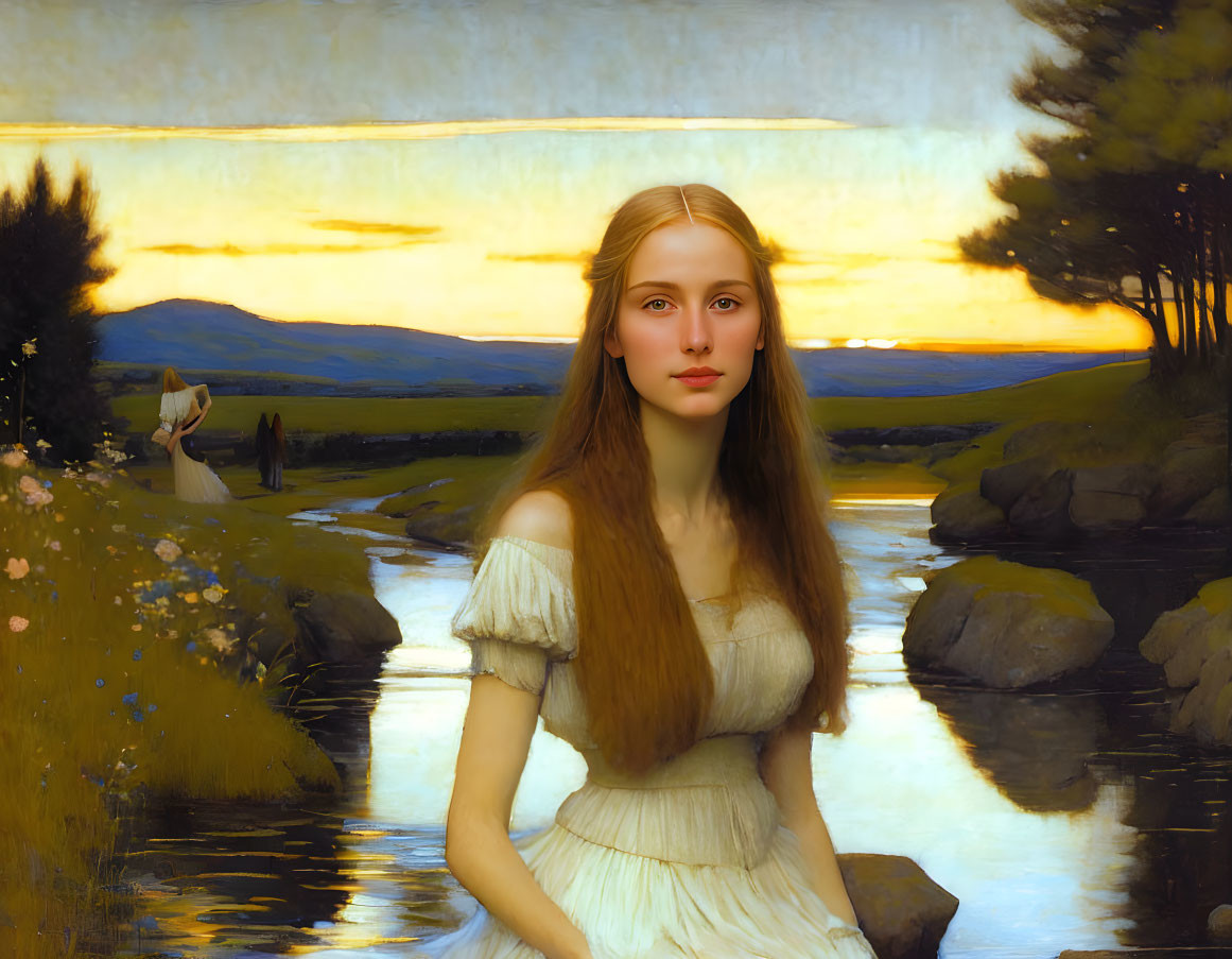 Young woman in white dress against sunset backdrop