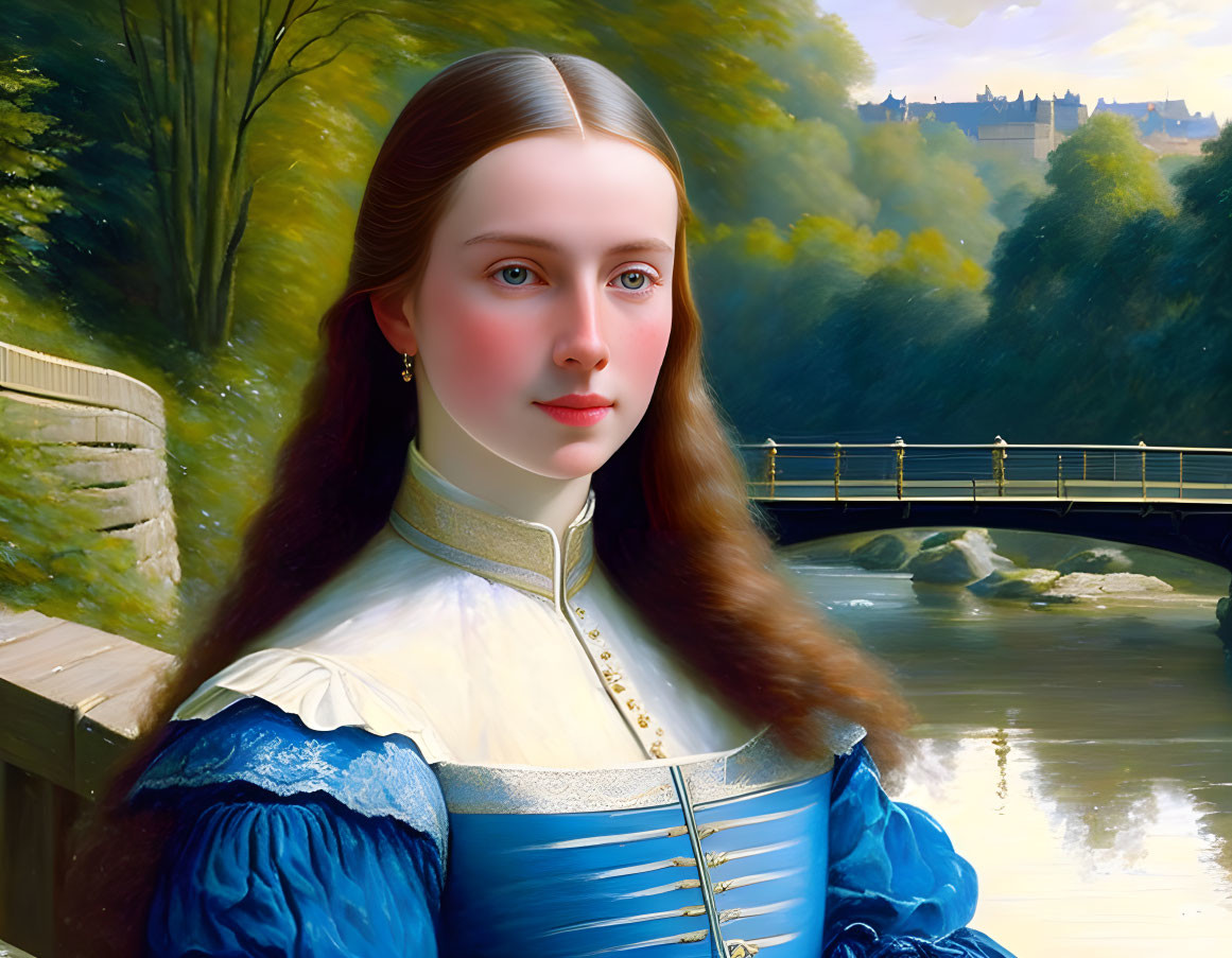 Hyper-realistic digital portrait of young woman in historical dress.