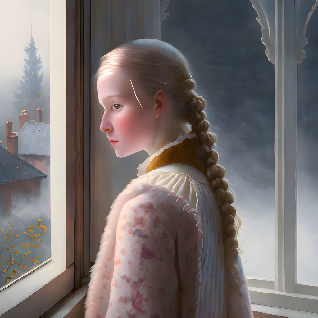 Young girl with braid looking out snowy window at dawn