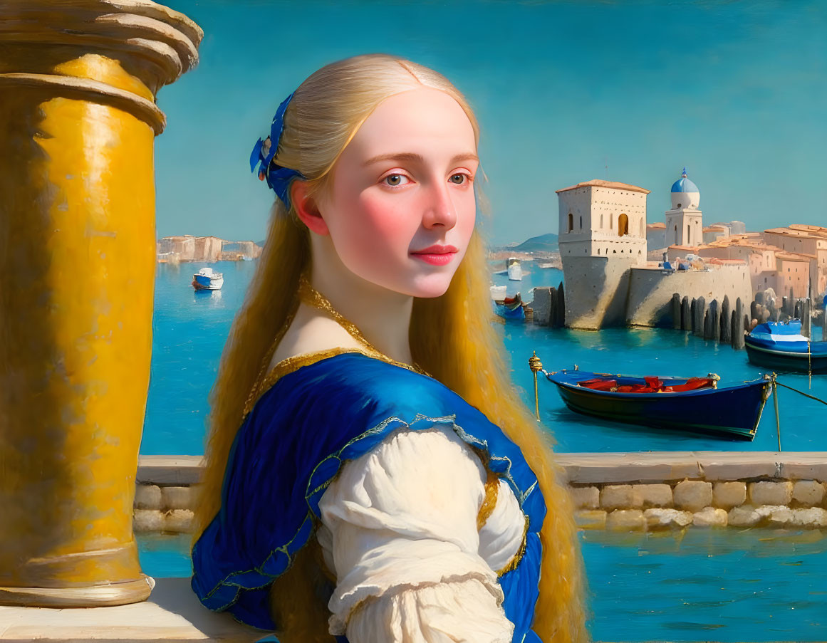 Young woman in blue dress with gold trim against coastal cityscape