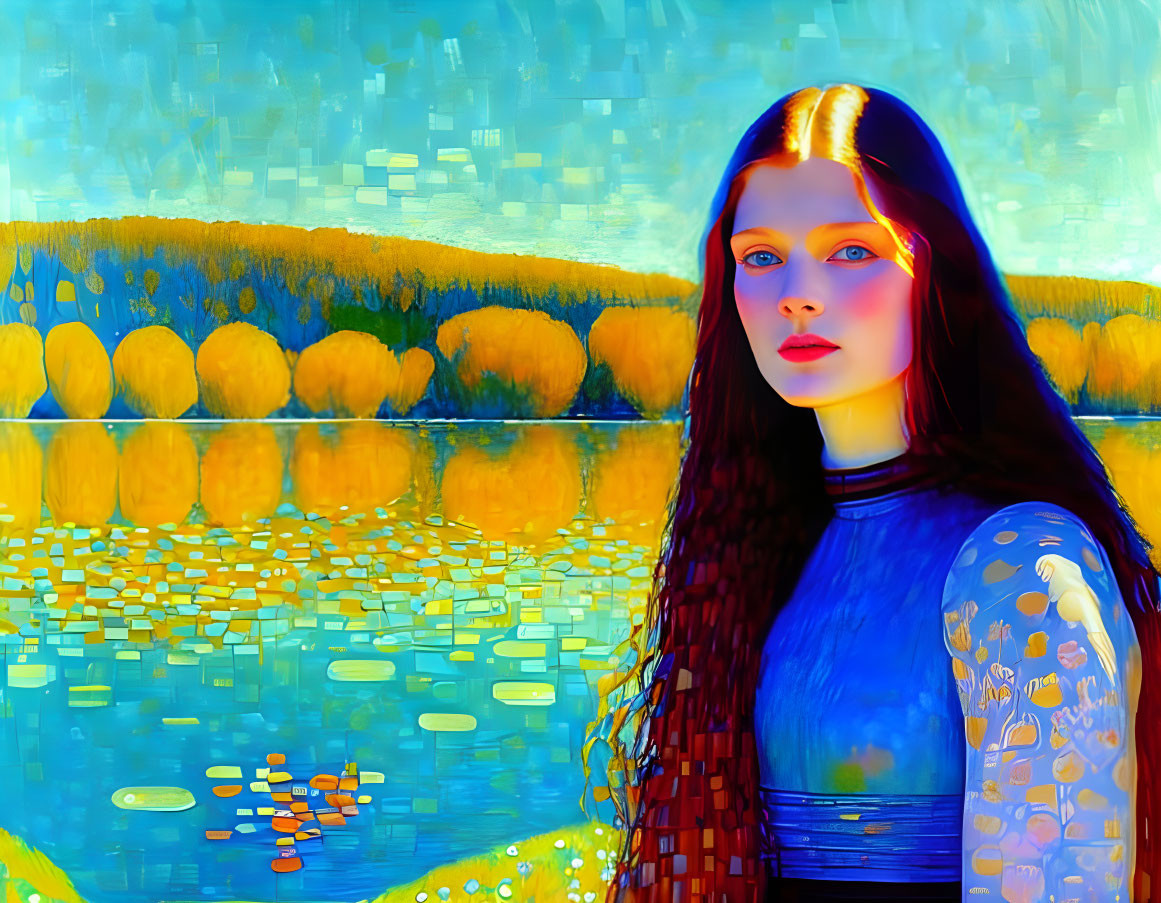 Blue-skinned woman in Van Gogh-style landscape