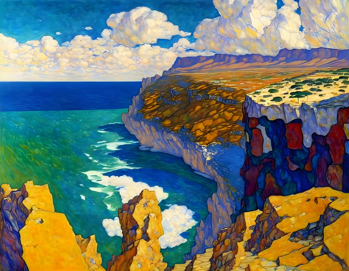 Colorful Cliff Coastline Painting with Blue Sea and Yellow Rocks