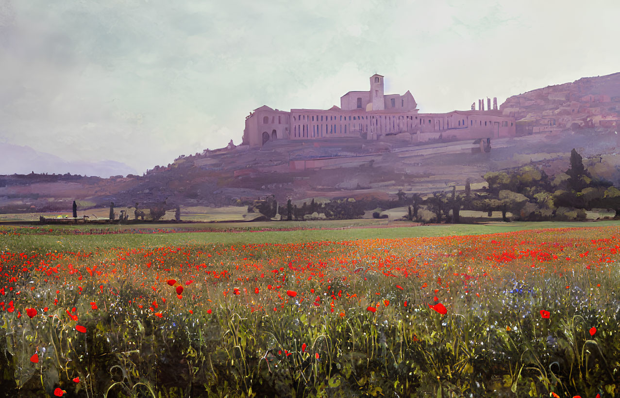 Scenic landscape with red poppies field and historic building on hill