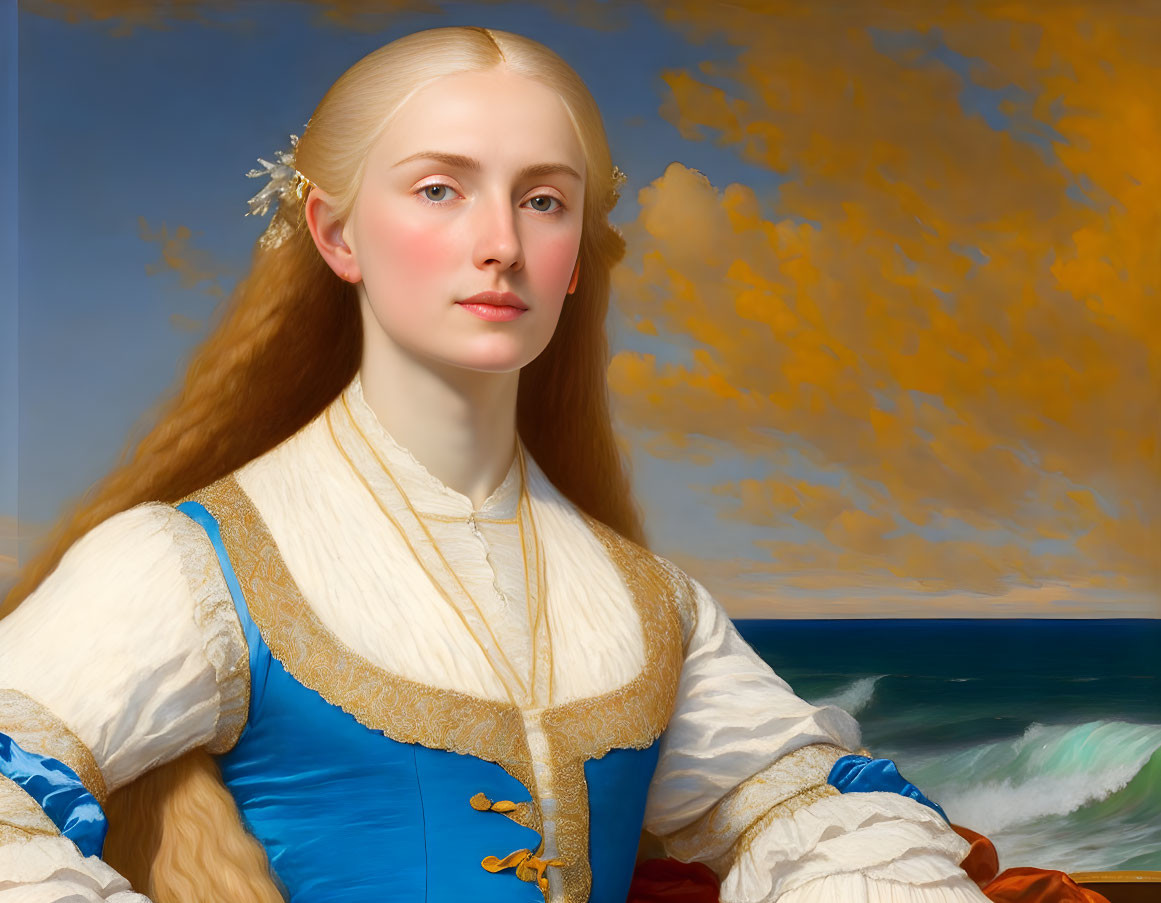 Blonde woman in blue dress by the sea and clouds