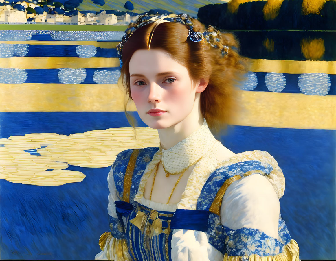 Portrait of young woman with auburn hair and leafy crown in blue and white dress against water