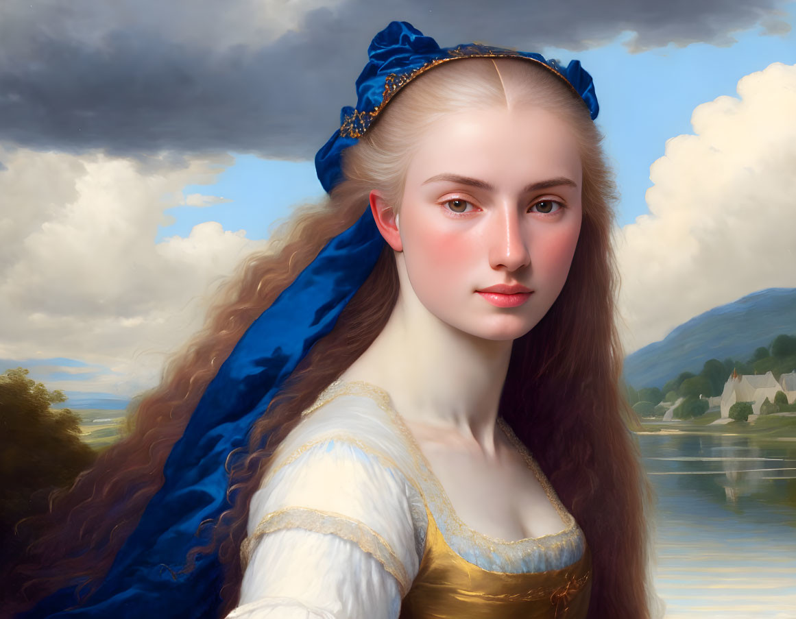 Portrait of woman with fair skin, long ginger hair, blue headband, pastoral landscape.