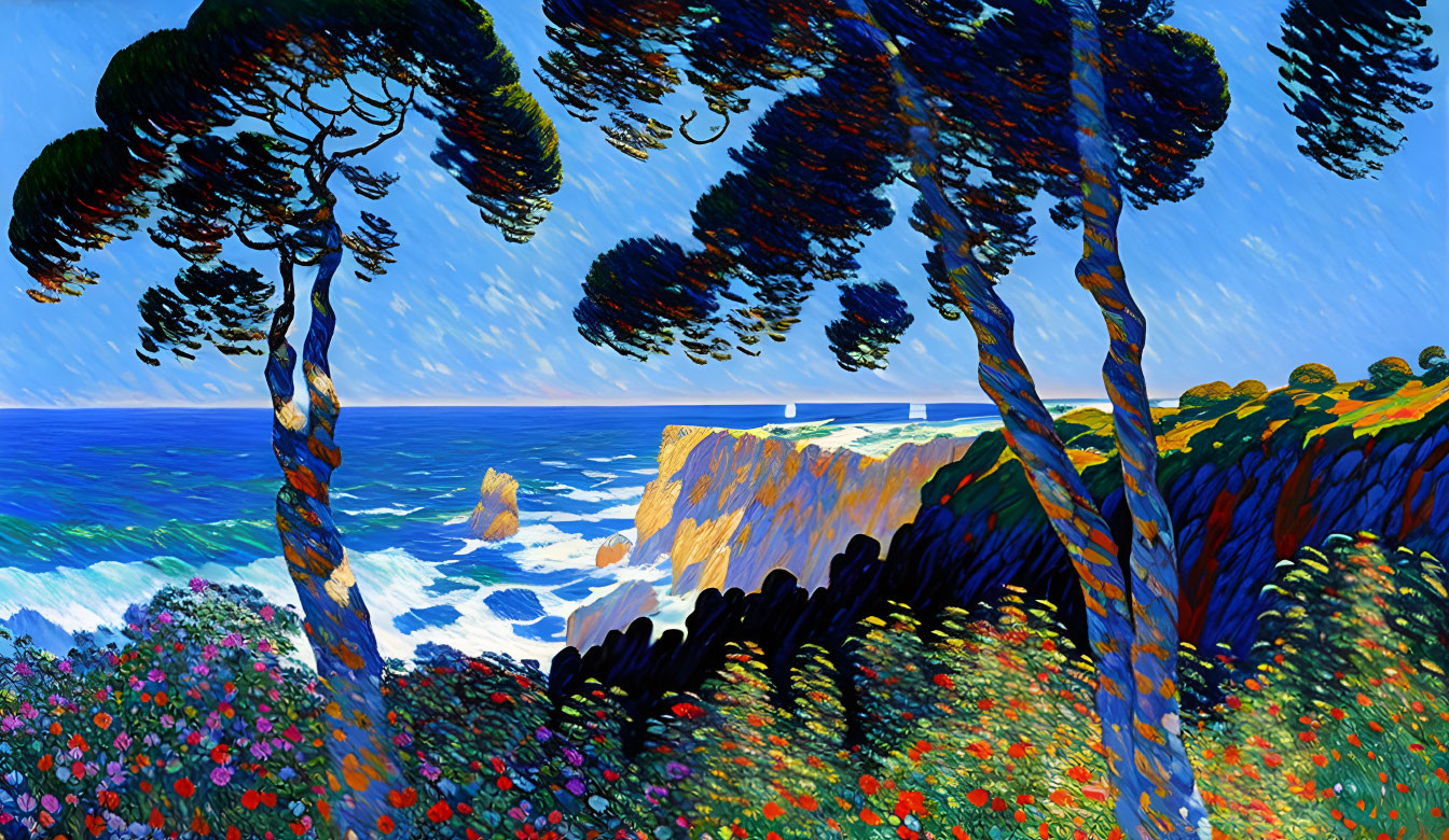 Vibrant coastal landscape painting with flora, trees, cliffs, and sailboat