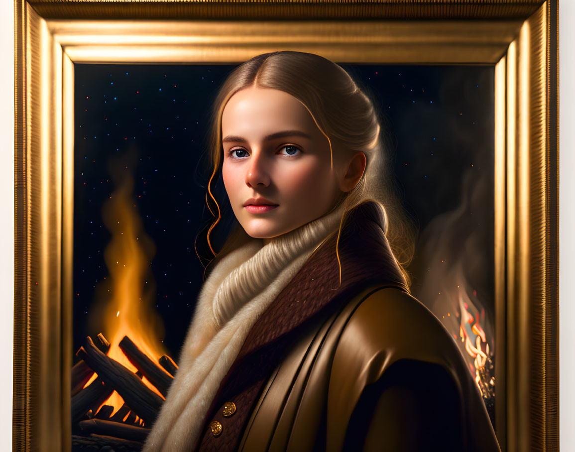 Digital artwork: Woman emerging from painting frame by fireplace