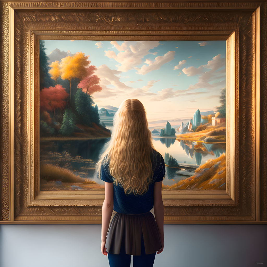 Blonde person admiring fantasy landscape painting