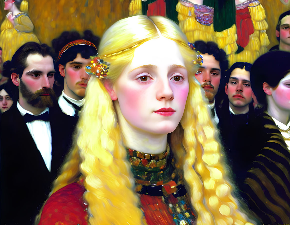 Young woman with long blonde hair in vibrant yellow and gold color scheme, surrounded by men in formal attire