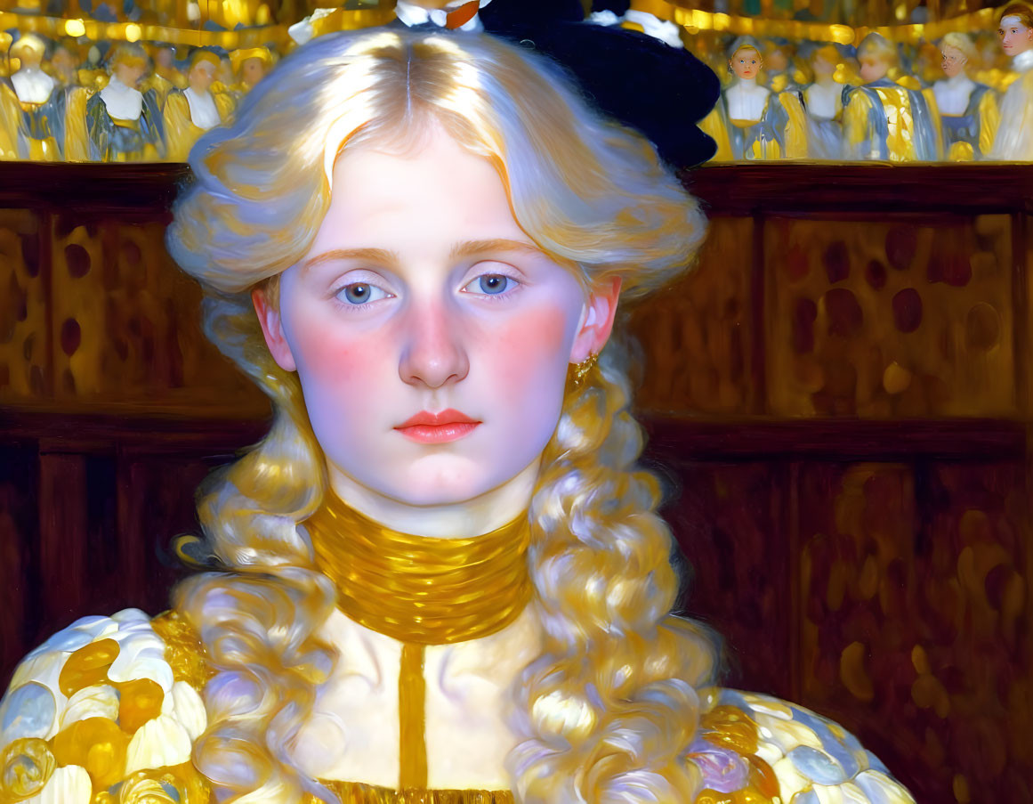 Portrait of young woman with golden hair and yellow ruffled collar.