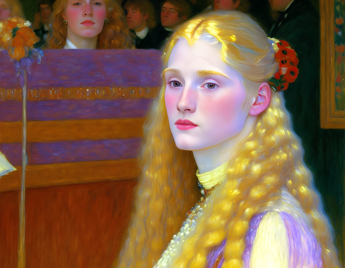 Portrait of a young woman with long blond hair in a yellow dress