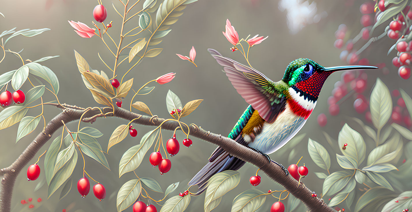 Colorful hummingbird on branch with greenery and berries in soft light