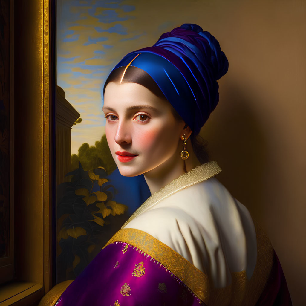 Woman in Blue Turban and Purple Garment Against Cloudy Sky