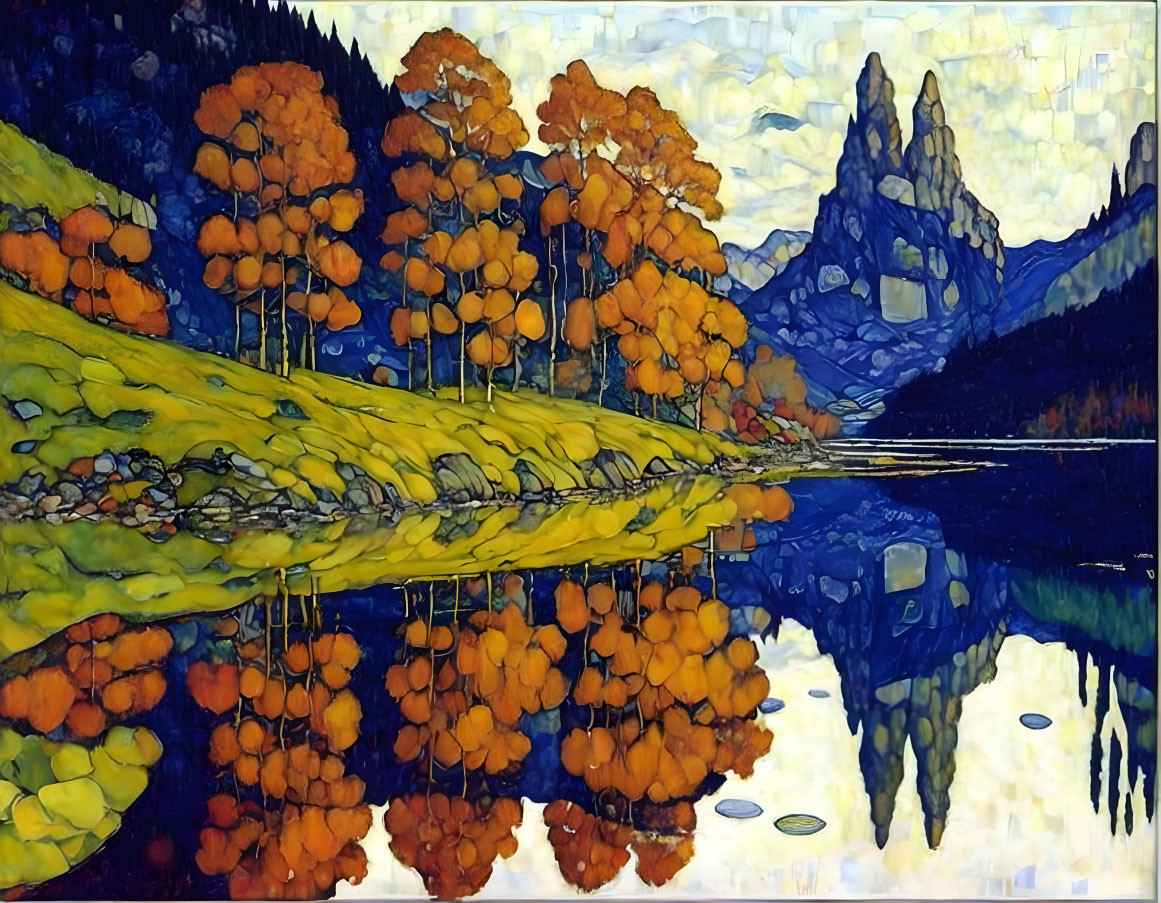 Autumn landscape painting: tall trees, orange foliage, lake reflection, blue mountains.