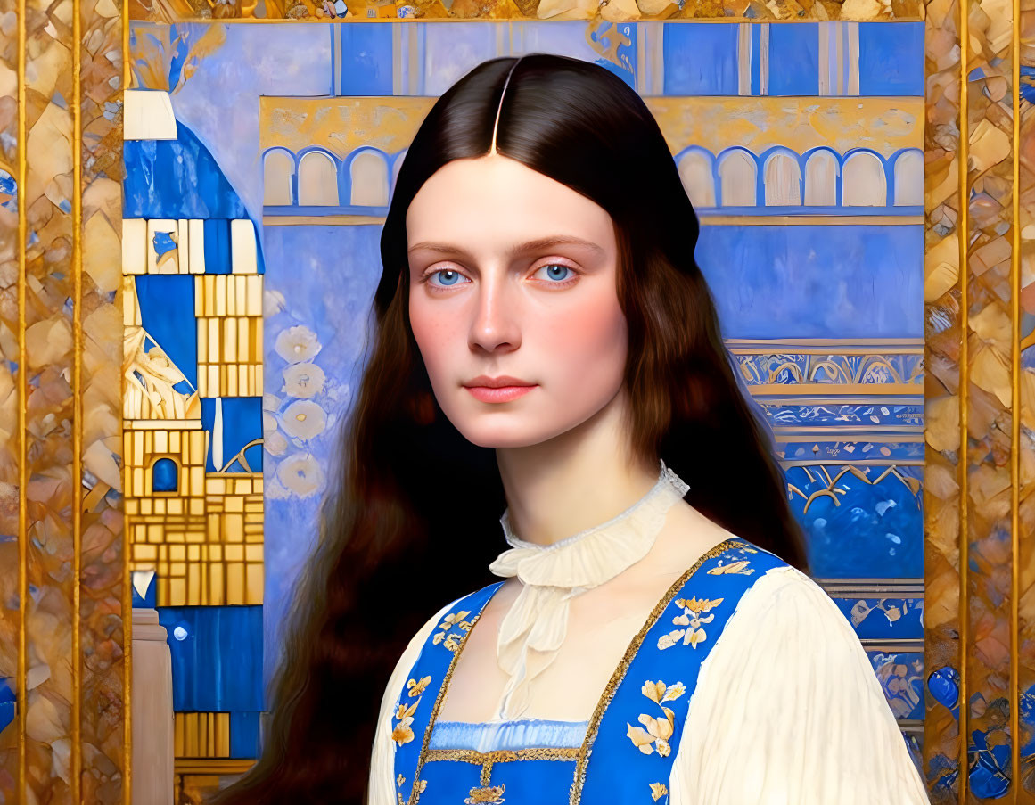 Young woman with long brown hair in blue and white dress against art nouveau background.