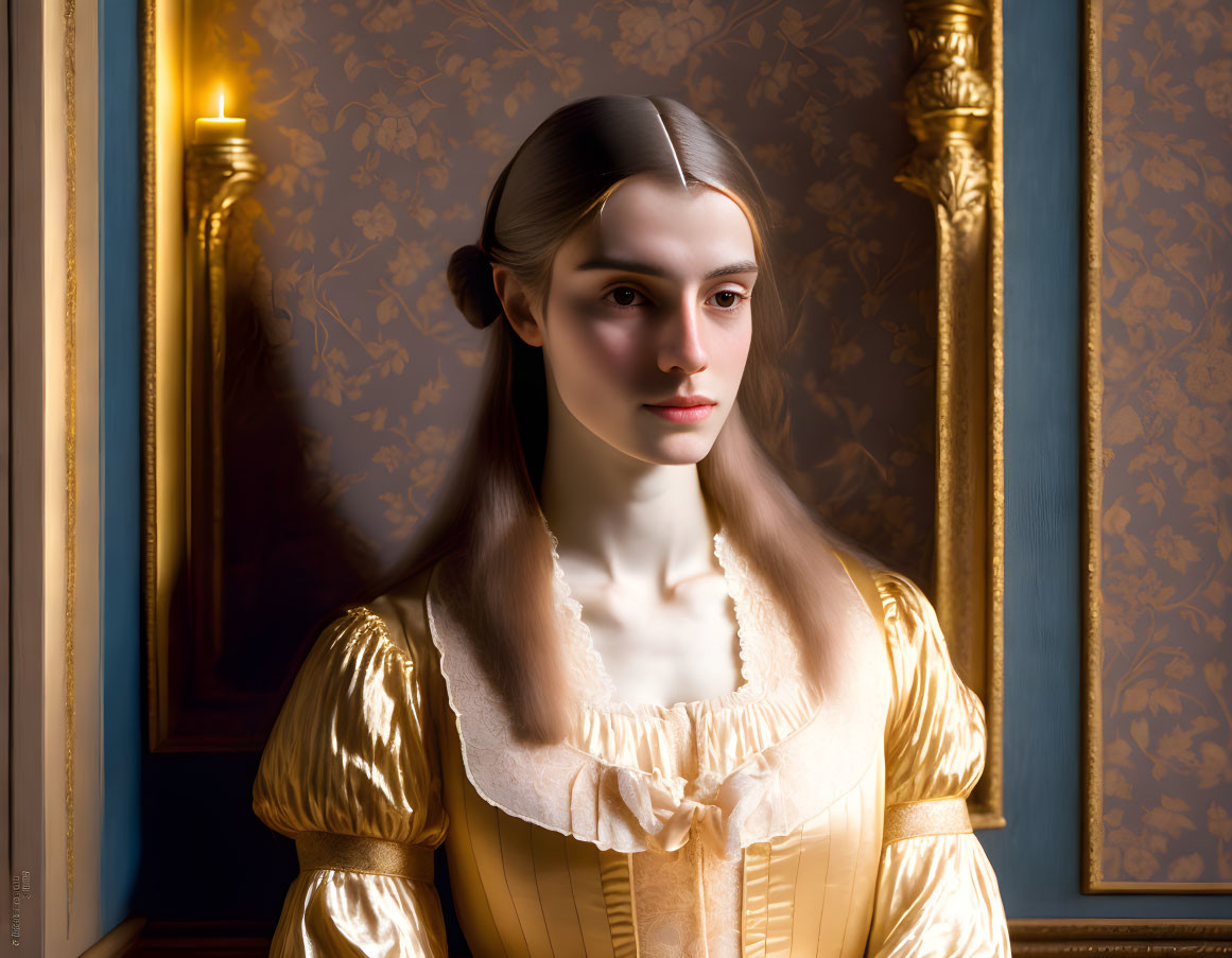 Portrait of woman in gold corseted dress with center-parted hair