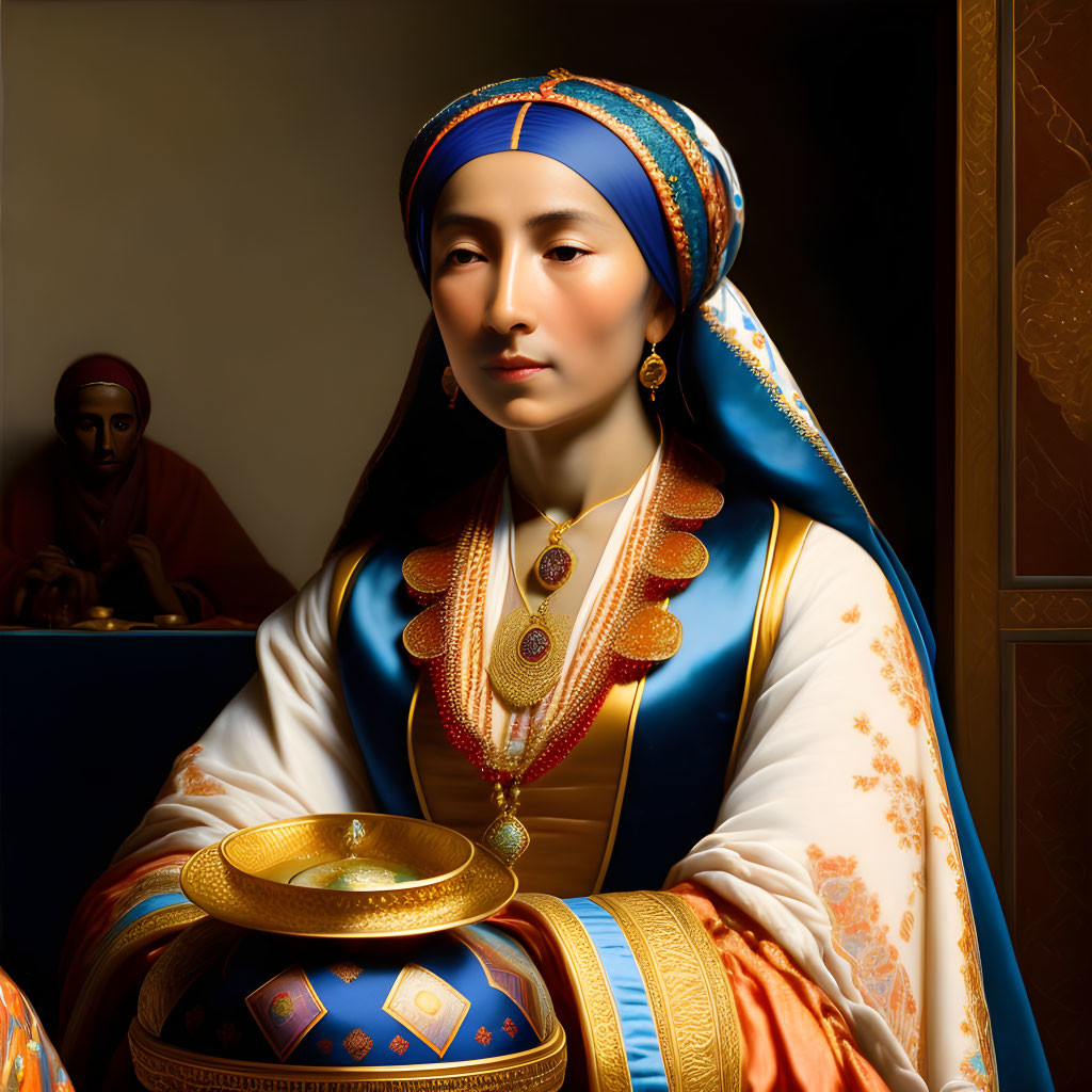 Traditional Attire Portrait of Woman with Elaborate Jewelry and Serene Expression