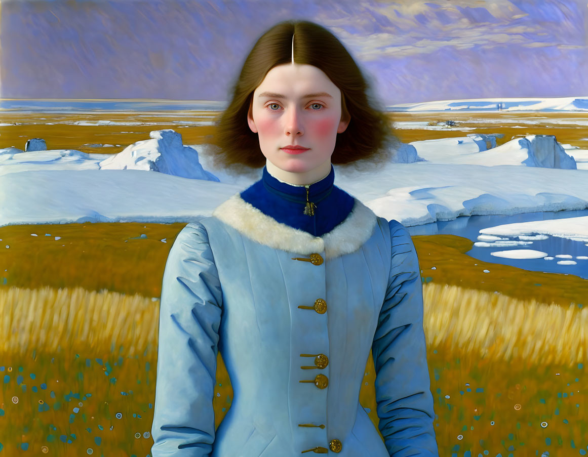 Woman in Blue Coat Standing in Winter Landscape