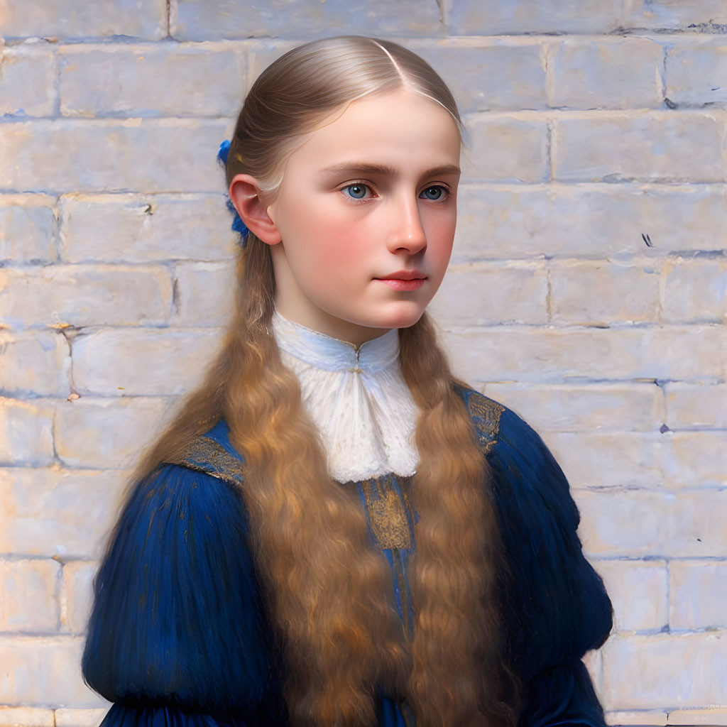 Young girl with long blonde hair in blue dress against brick wall.