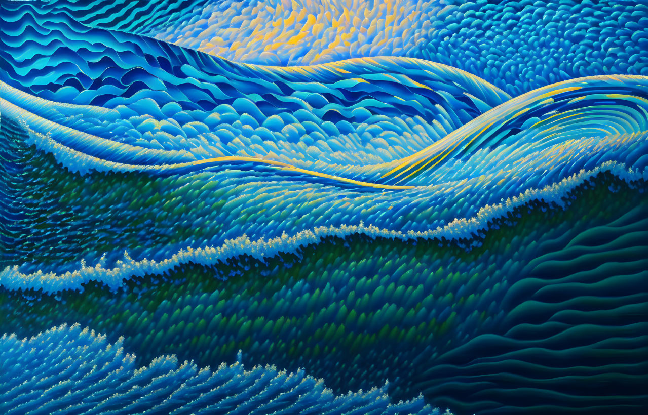 Abstract painting: Stylized blue waves with yellow accents