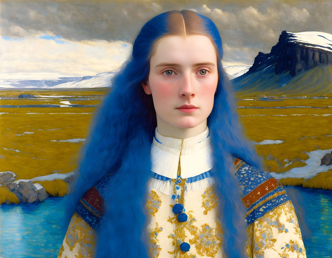 Woman with Blue Hair in Traditional Dress Against Yellow Grass Landscape