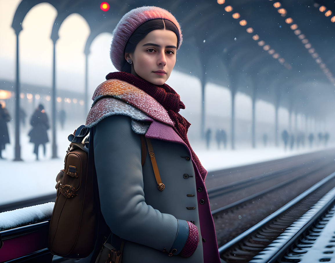 Woman in winter coat and multicolored scarf at twilight train station.