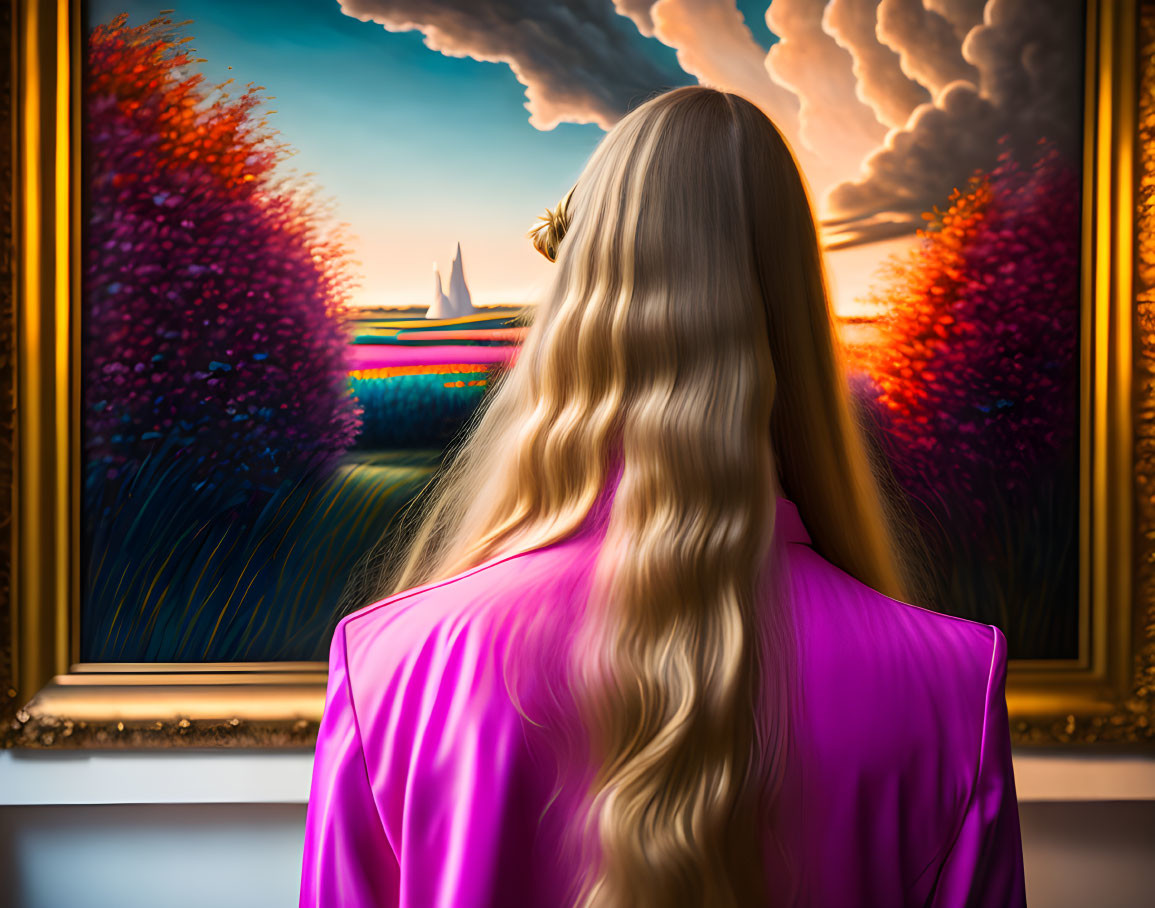 Blonde person in pink top admiring rainbow landscape painting