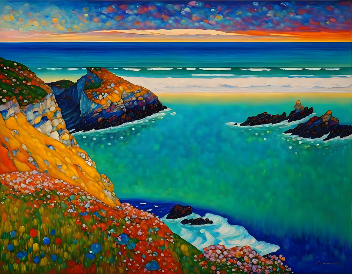 Colorful Coastal Scene Painting with Flower-Covered Cliff & Turquoise Sea