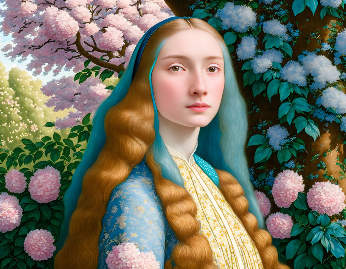 Young woman with braided hair in blue and gold dress amid pink flowering trees