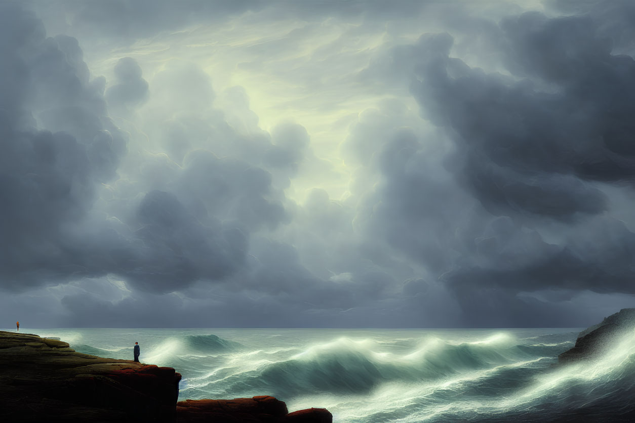 Solitary figure on rocky cliff above stormy sea and dramatic sky