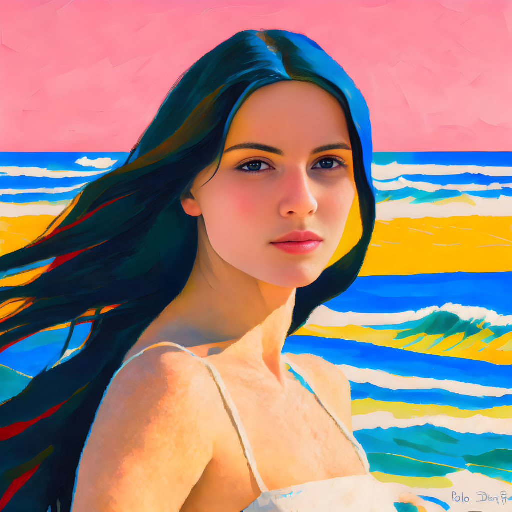 Portrait of woman with dark hair on colorful beach backdrop