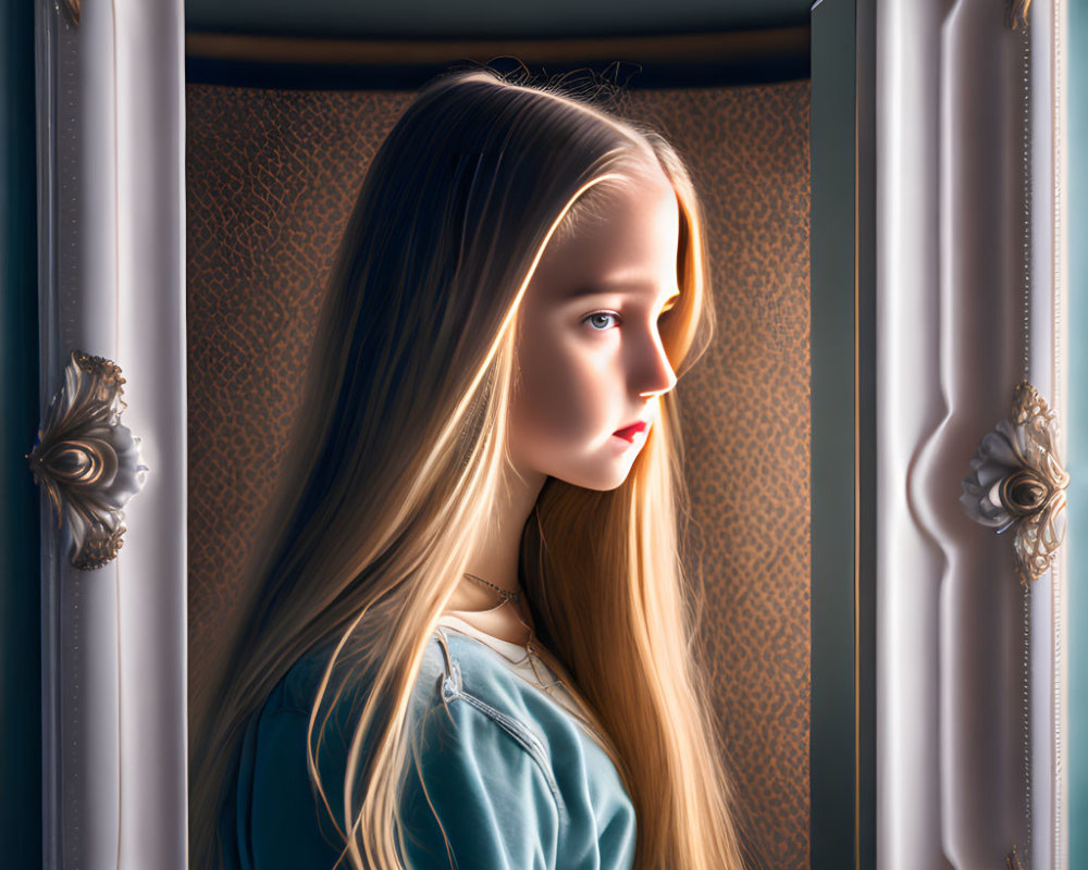 Blonde Girl in Baroque Picture Frame under Soft Lighting