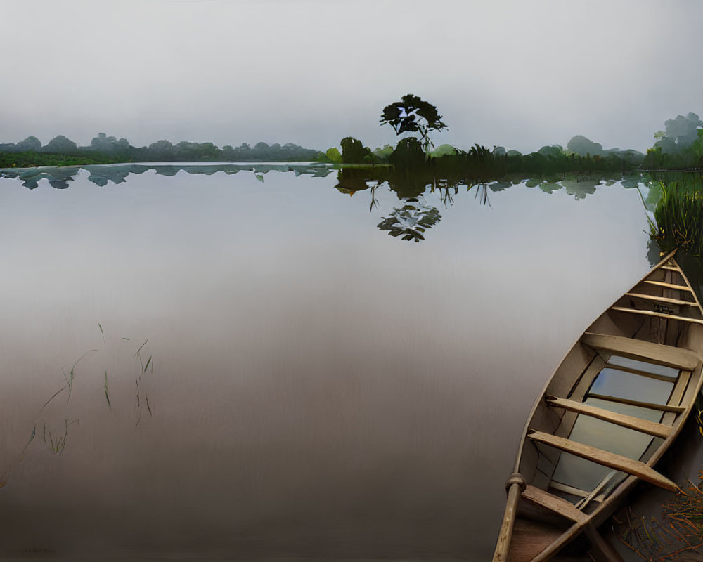 Tranquil Lake Scene with Wooden Canoe and Reflections