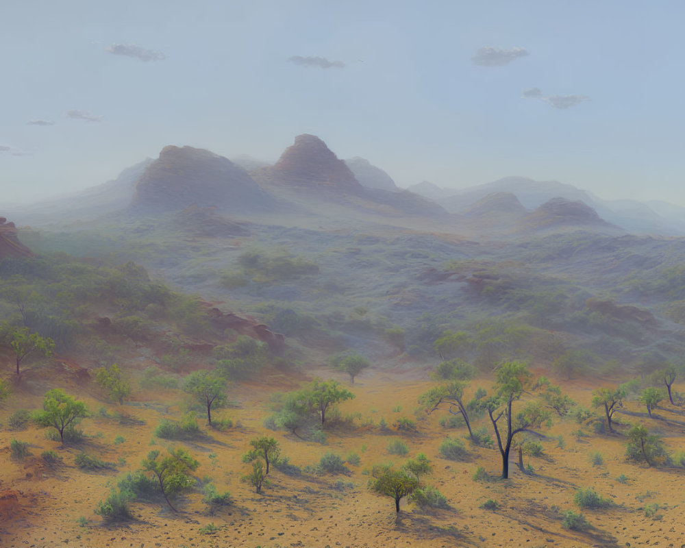 Sparse Vegetation and Rolling Hills in Serene Desert Landscape