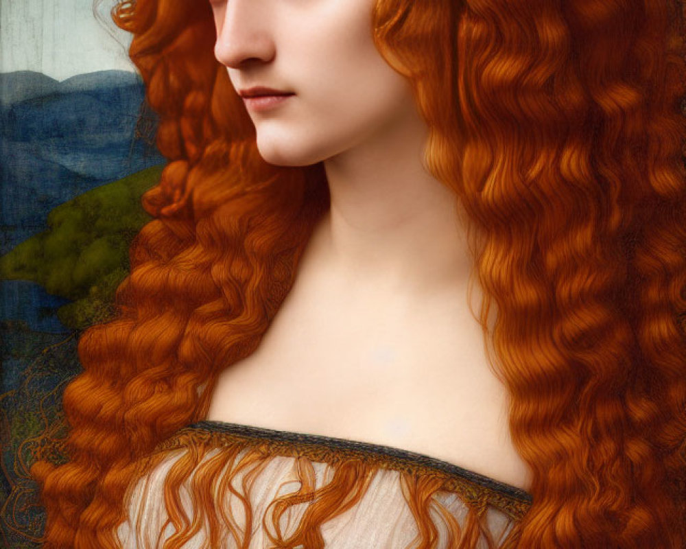 Portrait of a woman with flowing red hair in renaissance-style dress