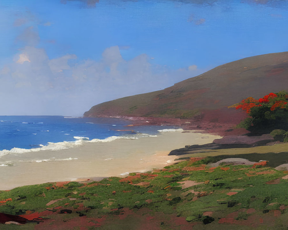 Tranquil beach scene with green foliage, red flowers, sandy shore, waves, blue sky