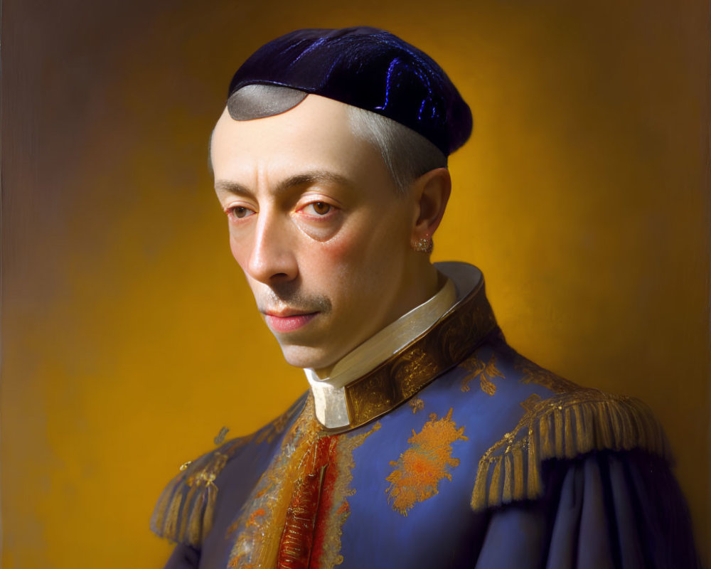 Man in Historical Dress with Blue Hat and Embroidered Collar on Yellow Background