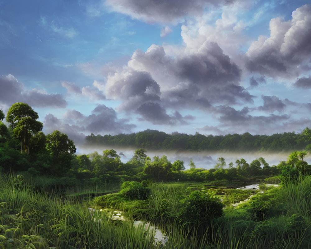 Serene landscape with mist-covered lake and lush forest