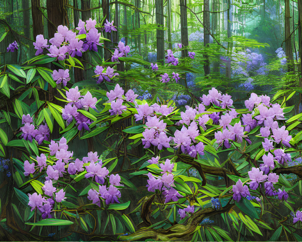 Lush green forest with blooming purple rhododendrons