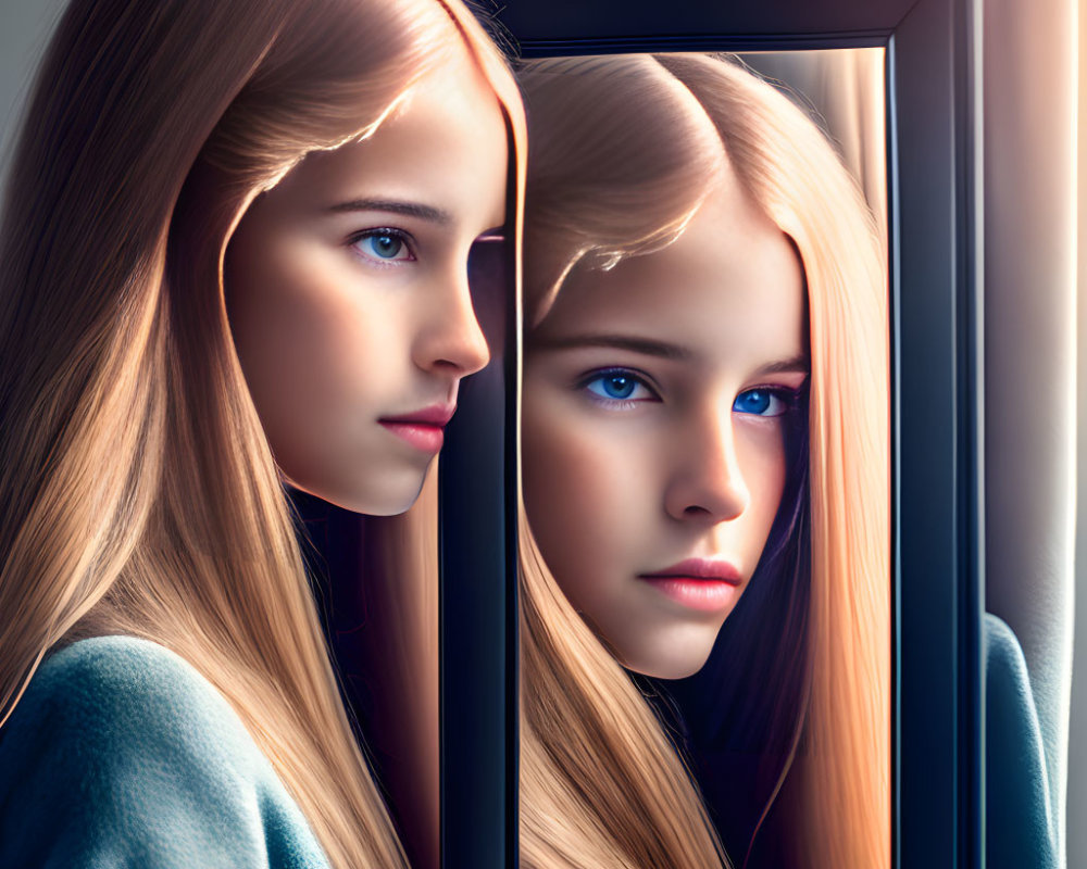 Blonde woman gazes at reflection in handheld mirror