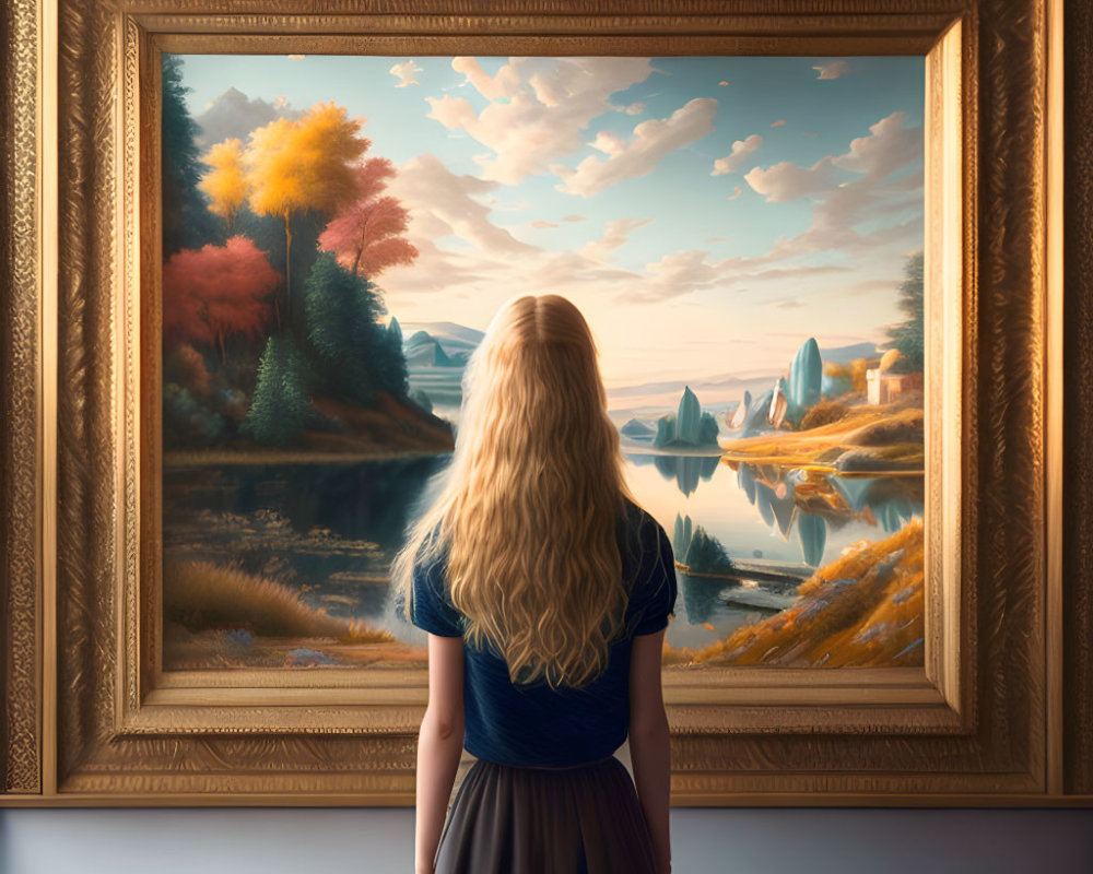 Blonde person admiring fantasy landscape painting