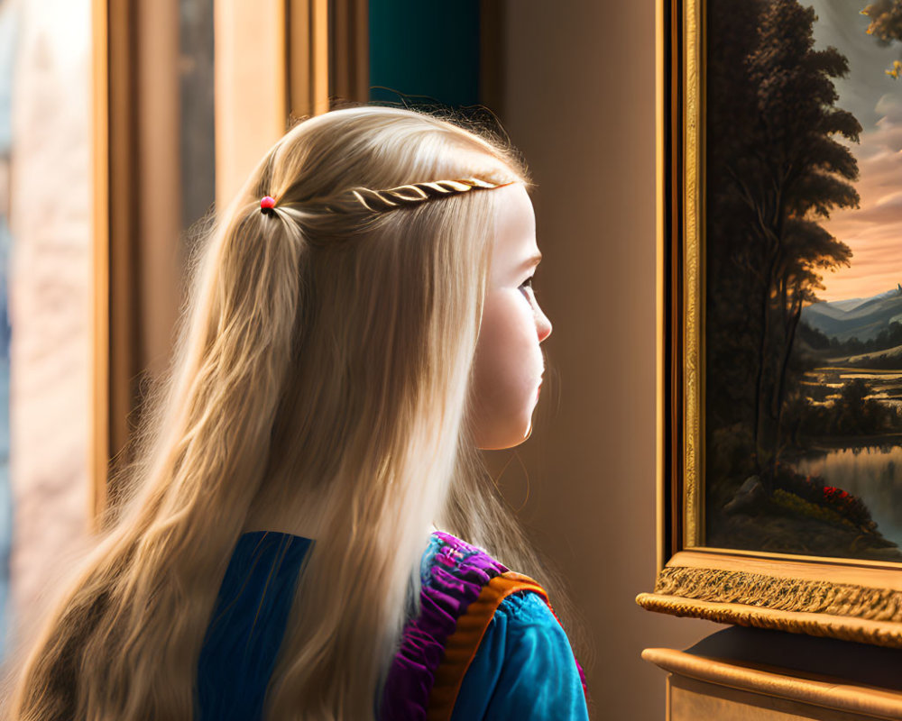 Blond girl with braided hair looking out window at sunset landscape.