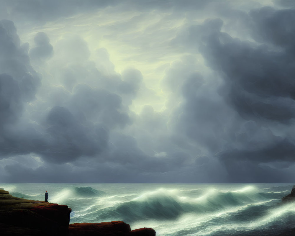 Solitary figure on rocky cliff above stormy sea and dramatic sky