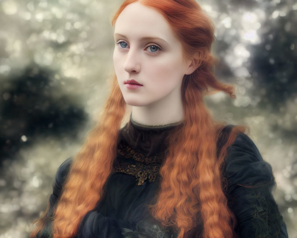 Portrait of a woman with long red hair in vintage black dress