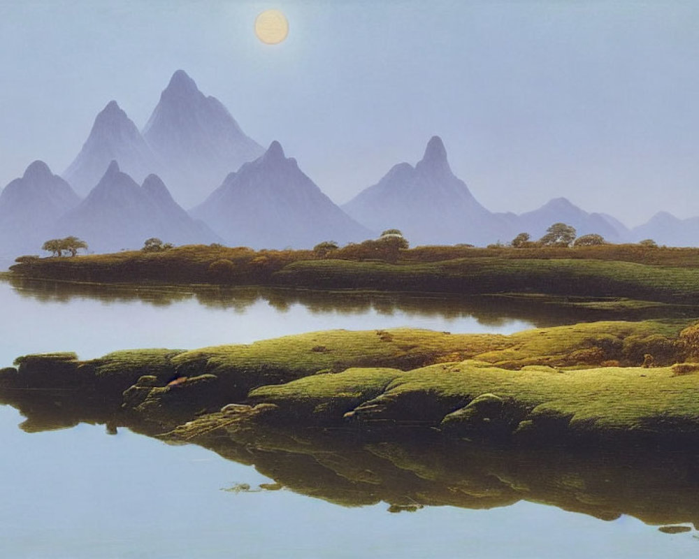 Tranquil landscape with serene water, pastel sky, greenery, misty mountains, and