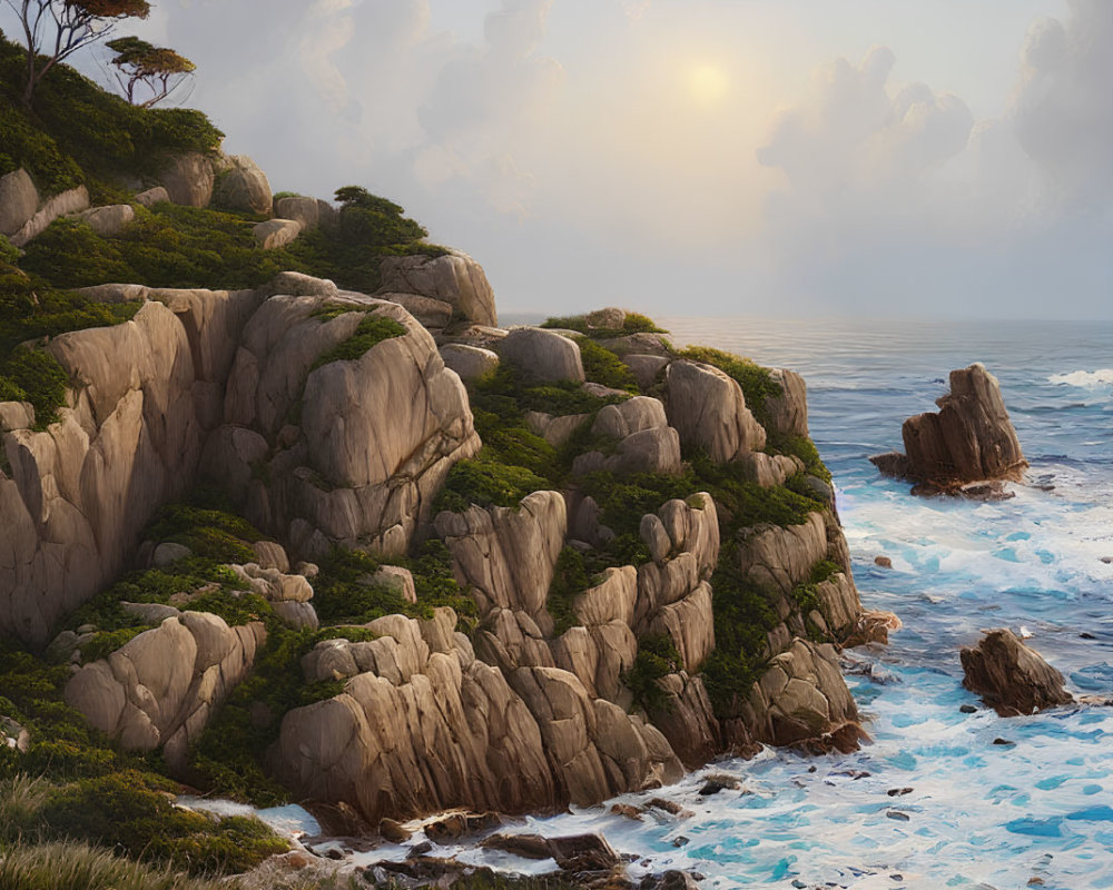 Sunset seascape with rugged cliffs, trees, and gentle waves in soft light