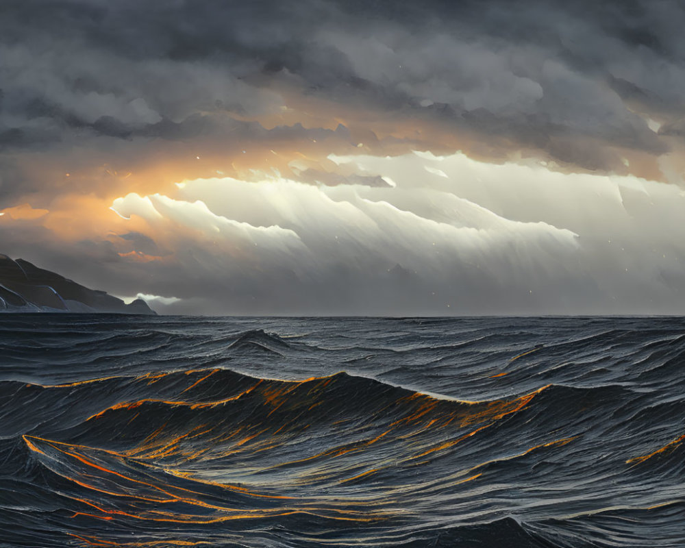 Dark, Churning Waves in Dramatic Seascape with Orange Light